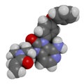 Tolebrutinib multiple sclerosis drug molecule. 3D rendering. Atoms are represented as spheres with conventional color coding: