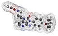 Tolebrutinib multiple sclerosis drug molecule. 3D rendering. Atoms are represented as spheres with conventional color coding: