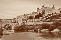 Toledo with fortress Alcazar, bridge de Alcantara and river Tajo, Spain Royalty Free Stock Photo