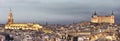 Toledo skyline at sunset with cathedral and alcazar. Spain