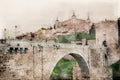 Toledo in Spain. Aquarelle, watercolor illustration