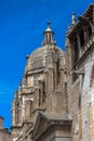 Detailed view at the lateral facade ornaments and tower dome, gothic monument building Primate Cathedral of Saint Mary of Toledo