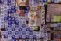 Souvenir shop display with colorful fridge magnet tiles with Jewish symbols, Toledo, Spain.