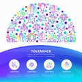 Tolerance concept in half circle with thin line icons: gender, racial, religious, sexual orientation, disability, respect, self-