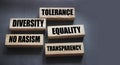 Tolerance, equality diversity No rasism words on wooden blocks. Social concept