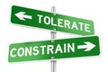 Tolerate or Constrain. Opposite traffic sign, 3D rendering