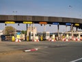 Toll gates at the entrance to the Queensway road tunnel between Birkenhead and Liverpool.