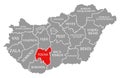 Tolna red highlighted in map of Hungary Royalty Free Stock Photo