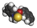 Tolnaftate antifungal drug molecule. 3D rendering. Atoms are represented as spheres with conventional color coding: hydrogen (