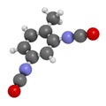 Toluene diisocyanate (TDI, 2,4-TDI) polyurethane building block molecule. May be a carcinogen. Atoms are represented as spheres