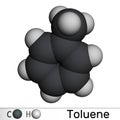 Toluene, toluol C7H8 molecule. Methylbenzene, aromatic hydrocarbon. Molecular model. 3D rendering
