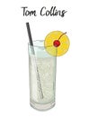 Tom Collins cocktail, with orange, straw and cherry