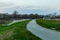 Tom Hanafan River`s Edge Plaza and Bob Kerrey foot bridge Omaha Nebraska in Spring