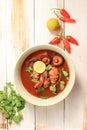 Tom Yam Kung, Prawn and Lemon Soup with Mushrooms, Thai Food in White Bowl Royalty Free Stock Photo