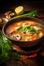Tom Yam Kung, Prawn and lemon soup with mushrooms, Thai food in wooden bowl