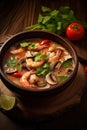 Tom Yam Kung, Prawn and lemon soup with mushrooms, Thai food in wooden bowl