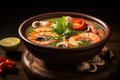 Tom Yam Kung, Prawn and lemon soup with mushrooms, Thai food in wooden bowl