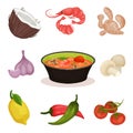 Tom Yam Kung spicy soup with ingredients, Thai cuisine vector Illustration on a white background Royalty Free Stock Photo