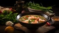 Tom Yam ,Prawn and lemon soup with mushrooms, thai food in wooden bowl. Ai generative. Royalty Free Stock Photo