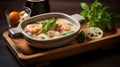 Tom Yam ,Prawn and lemon soup with mushrooms, thai food in wooden bowl. Ai generative. Royalty Free Stock Photo