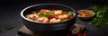 Tom yam shrimp, Thai soup with tiger shrimp in black bowl, Restaurant menu, Banner