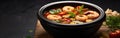 Tom yam shrimp, Thai soup with tiger shrimp in black bowl, Restaurant menu, Banner
