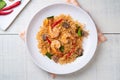 Tom Yum Fried Rice with prawns and Straw mushroom,Top view Royalty Free Stock Photo