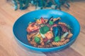 Tom Yum Fusilli, Prawn, Baby Scallops, Black Mussels, Garlic Coriander leaves, Fascinating Tom Yum Red Base Royalty Free Stock Photo