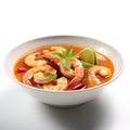 Tom Yum Goong (Tom Yum Soup) in a white bowl on a white background