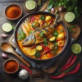 Tom Yum Goong, Thai Spicy Seafood Curry with Tom Yum Goong on wooden background