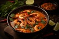 Tom Yum Goong, Thai spicy soup with prawns on wooden table