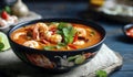 Tom Yum Kung in a black cup is ready to serve. Savoury food is the favourite menu of many people.