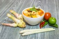 Tom Yum Kung-Thai spicy soup with Herb set of Tom Yum Soup Ingredients Royalty Free Stock Photo