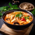 Tom yum kung, Thai traditional spicy soup with tofu and mushrooms