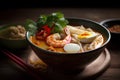 Tom yum noodle soup with shrimp, egg and chili pepper