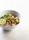 Tom Yum Noodles , Noodles with light Tom yum spicy soup with meatballs, lime, minced ground pork