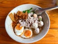 Tom Yum Pork noodle spicy soup with boiled egg Royalty Free Stock Photo