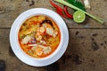Tom Yum Seafood Soup,with mushroom shrimp squid chicken and green mussel Royalty Free Stock Photo