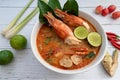 Tom yum soup. Tom yam kung is a thai spicy soup with shrimps, lemongrass,lime, ginger, galangal and coconut milk. Space for text Royalty Free Stock Photo