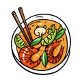 Tom Yum Thai food. Cartoon vector illustration. Isolated on white background.