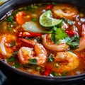 Tom Yum, Traditional Red Sour Thai Soup, Hot Chili Tom Yam with Squid, Shrimps, Red Peppers Royalty Free Stock Photo
