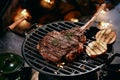 Tomahawk steak cooking on grill rack