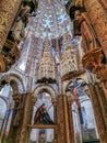 Interior view at the Charola of the Convent of Christ, magnificent Knights Templar architecture, round church altar, paintings and