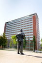 Tomas Bata statue with skyscraper 21, Zlin, Moravia, Czech Republic