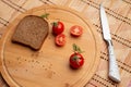 Tomates with black bread for lunch, Black bread with tomato on the wooden background Royalty Free Stock Photo