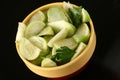 Tomatillo slices in bowl with cilantro