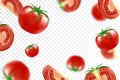 Tomato background. Falling fresh ripe tomatoes, isolated on transparent background. Selective focus. Flying defocusing red tomato