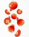 Tomato background. Falling fresh ripe tomatoes, isolated on transparent background. Selective focus. Flying defocusing red tomato