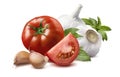 Tomato, basil leaves, garlic bulbs, cloves 2 isolated