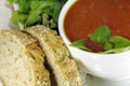 Tomato Basil Soup with Bread and Salad Royalty Free Stock Photo